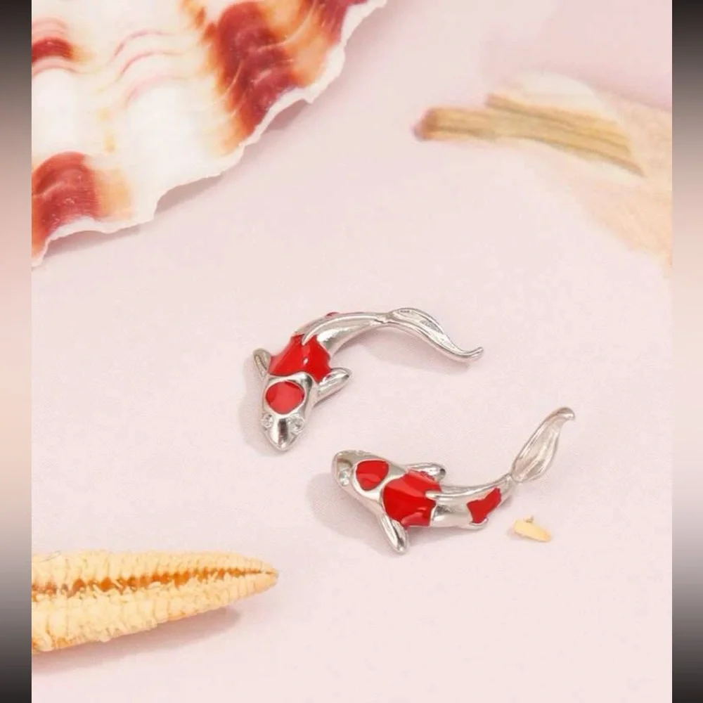 🐟 Lovely Silver and Red Koi Fish Stud Earrings 🐟